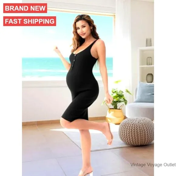 Maternity Bodycon Dress Sleeveless Striped Button Knit Summer Pregnancy - Picture 3 of 7